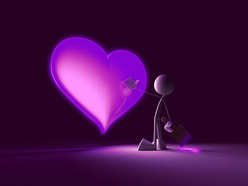 科技感十足的等离子数码墙纸PPT课件高清背景，紫色浪漫3D立体小人图片_油漆刷桃心背景图片