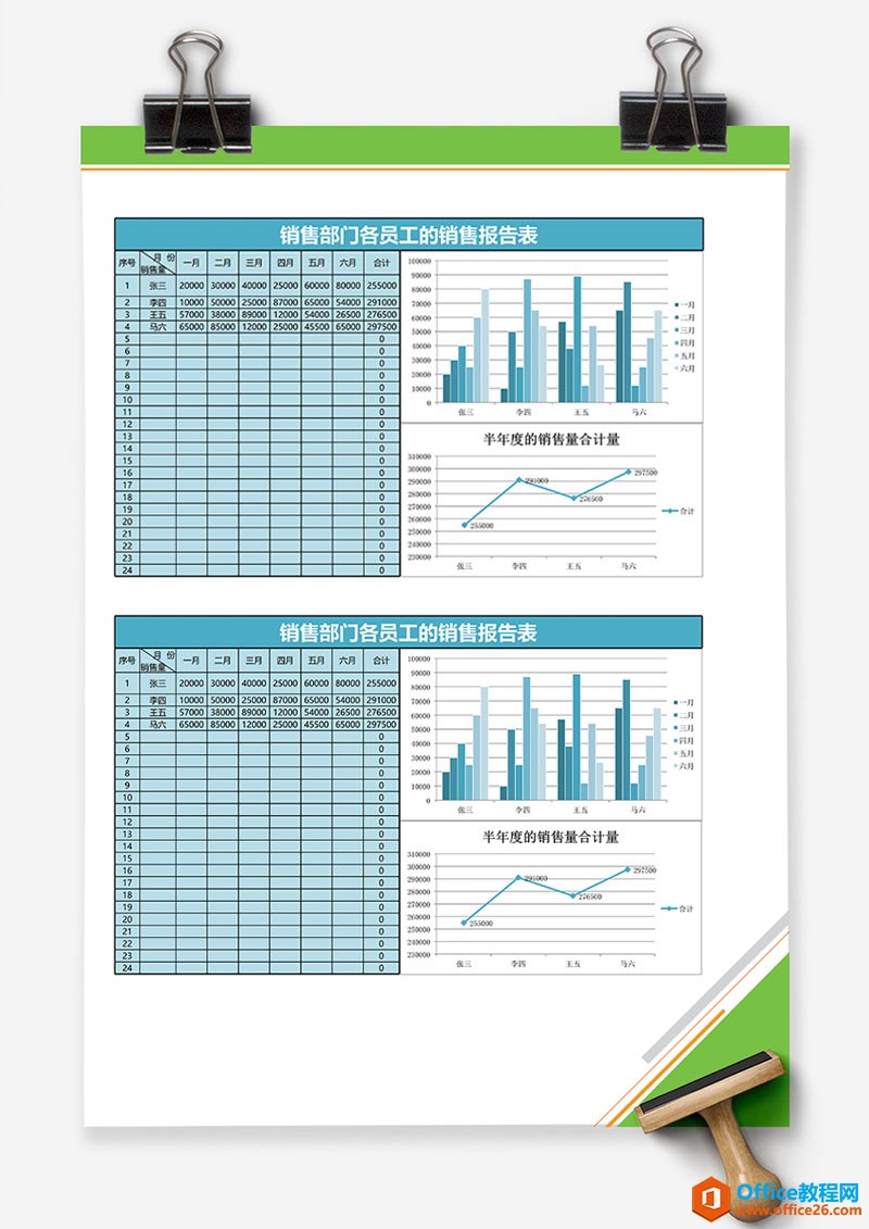 excel 员工半年度的销量报告表 Excel图表 Excel模板 免费下载