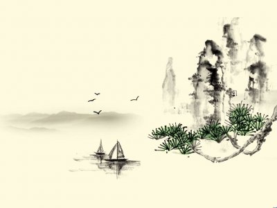 孤帆 古松 山 水 大雁古典山水风韵PPT幻灯片背景图片