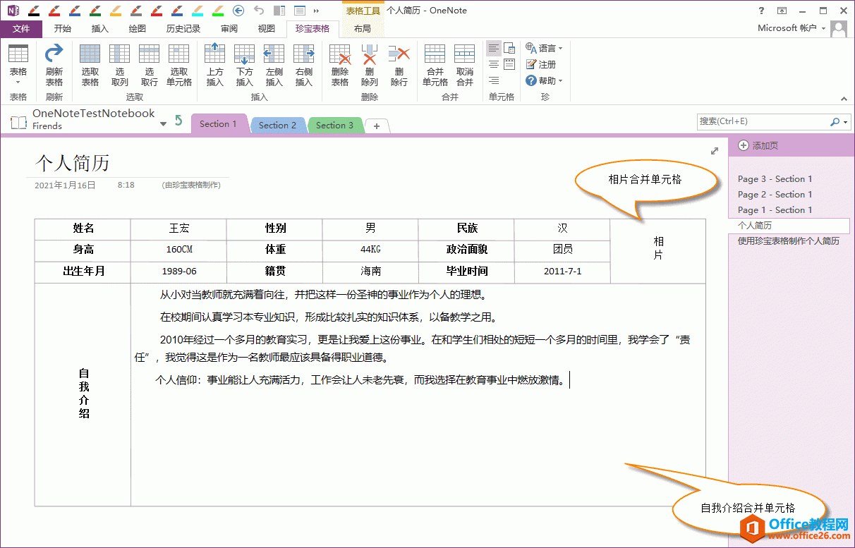 珍宝表格合并单元格创建个人简历