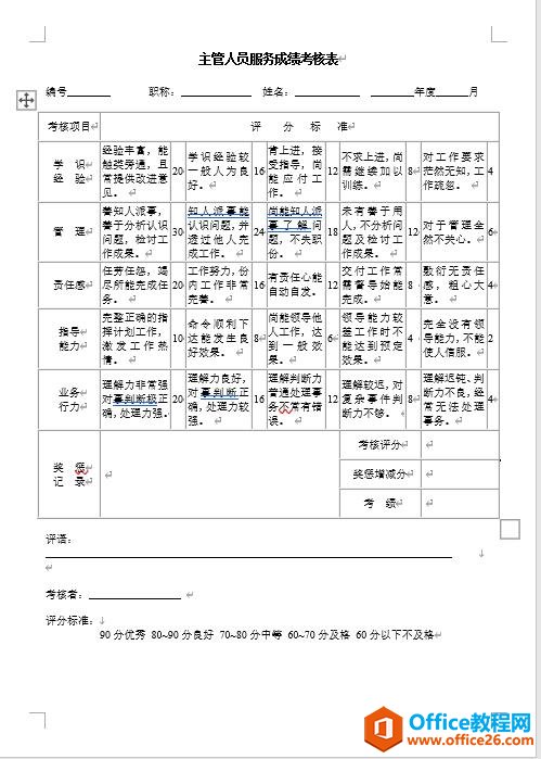 主管人员服务成绩考核表 word模板 免费下载